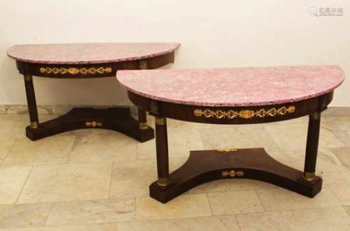 Pair of Halfmoon Consoles, in Empire style, U formed base, with two columns, and round border,