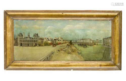 Perspective Painting, of the Ile St. Paul, the Rive Droit and the Hotel de Ville in Paris . Oil on