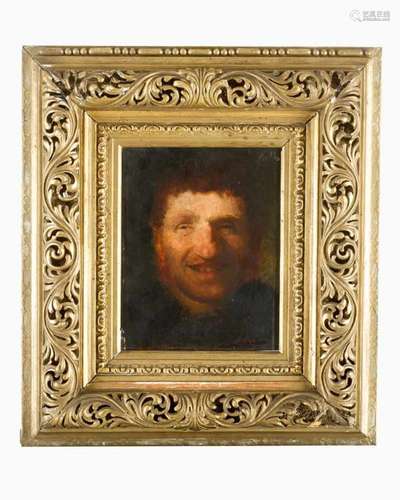 Emanuel Spitzer (1844 – 1919), portrait of laughing man, oil on wooden panel, signed bottom right