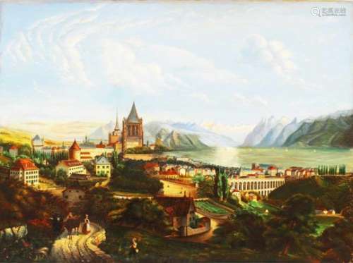 Swiss Artist 19th Century, view of Lausanne, with the lake Geneva, oil on canvas, monogrammed “JR”