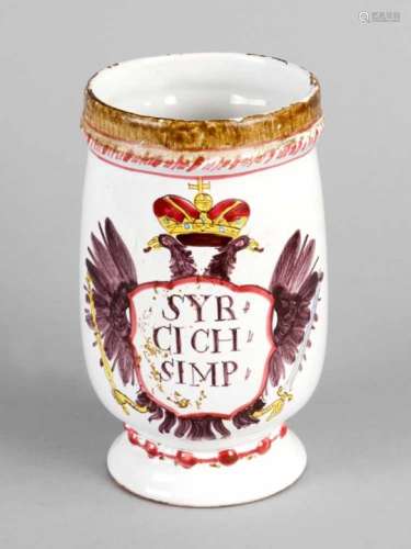 Apothecary Ceramic, conic shape with painted Austrian eagle described “Syr, cich, simp” on white