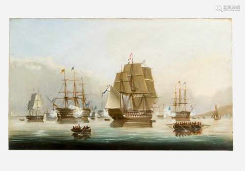 Thomas Buttersworth (1768 – 1842)-attributed, British and French ships, oil on canvas.51 x 85 cm