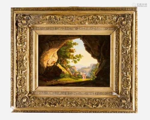Hungarian Artist 19th Century, landscape with Cupid and a couple, described bottom left, framed.30 x