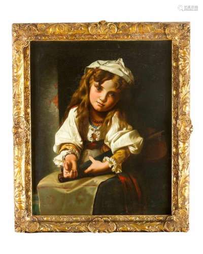 Artist mid 19th Century, girl with violin, oil on canvas, framed.53 x 68 cm