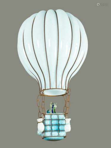 Balloon chandelier, Blue white and transparent glass elements, mounted on iron grid, bowed,