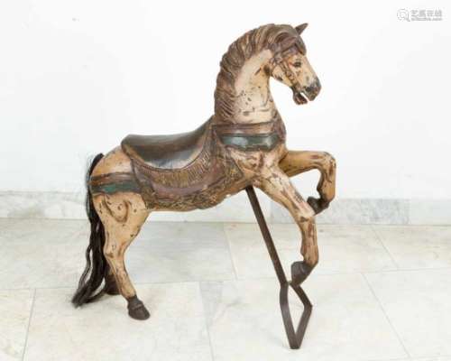 Children's Play-horse Wooden sculpted horse with remains of old colouring,glass eyes, and iron