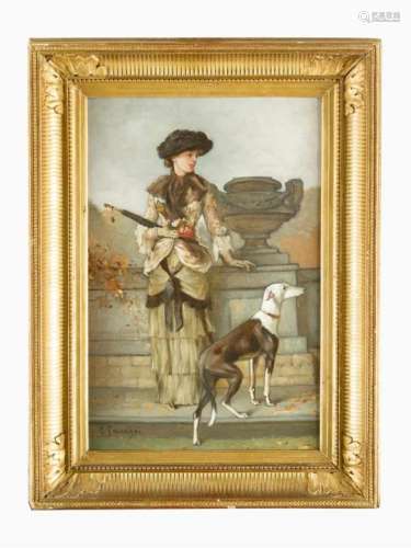 Unknown Artist, elegant lady with dog, oil on canvas, signed bottom right (unreadable) framed.48 x