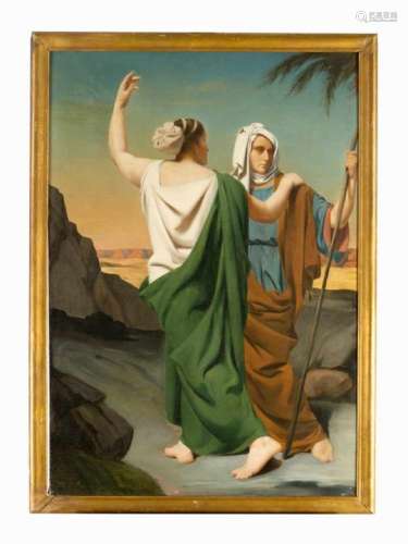 Symbolist late 19th century, two women in the dessert, oil on canvas, framed.104 x 71 cm