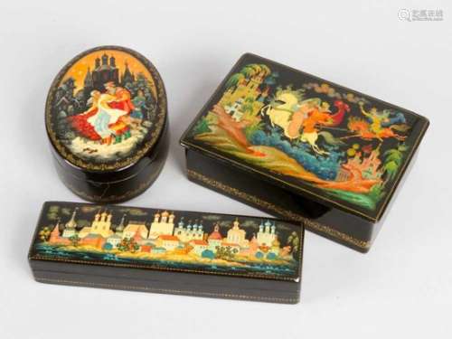 Three Russian Lacquer Boxes, different shape and size, with fine lacquer scenes and landscapes on