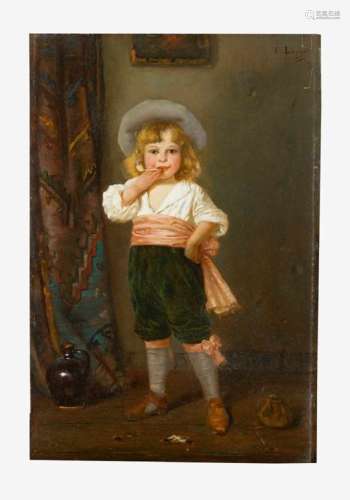 E. Lauyot Artist19th Century, young girl with a pipe, oil on panel, signed upper right, framed.44