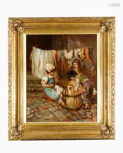 Unknown Artist around 1900, three children washing clothes, oil on canvas, signed bottom left (