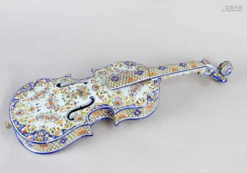 Rouen Ceramic, violin, partly open worked, ceramic, multicoloured pained with flowers and ornaments,
