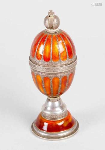 Russian silver egg, on round feet, with Russian crown finial, one lid, inside with house and well.