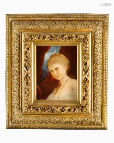 Artist 19th Century, portrait of a girl, oil on wooden panel, framed. described on the reverse