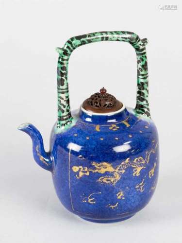 Chinese Blue Powder Tea Pot, Porcelain with spouts and high handgrip decorated in black and green