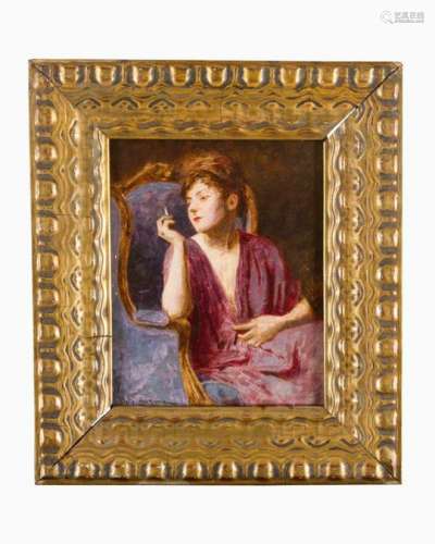 Vlaho Bukovac (1855 – 1922)- attributed, lady with a cigarette, oil on wooden panel, framed.26 x