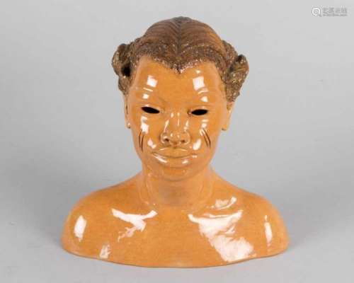 Jugendstil Ceramic, girl with braided hair, open work eyes, naturalistically formed, on the bottom