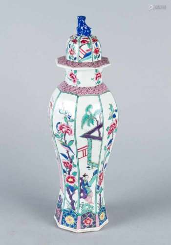 Chinese Porcelain Vase, curved shape, octagonal base, lid with lion finial, multicoloured painted