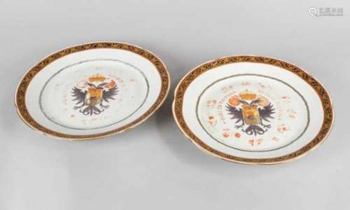 Compagnie des Indes Two Porcelain Dishes, round shape with waved borders, painted double eagles
