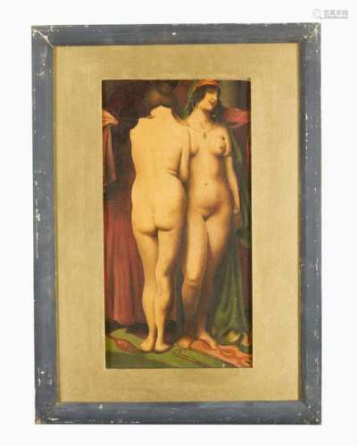 Symbolist around 1920, two nude women, oil on canvas, laid down on board, framed.43 x 23 cm