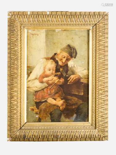 Unknown Artist, old man with baby, oil on panel, described upper left “Jakobides” ? framed.26 x 16,5