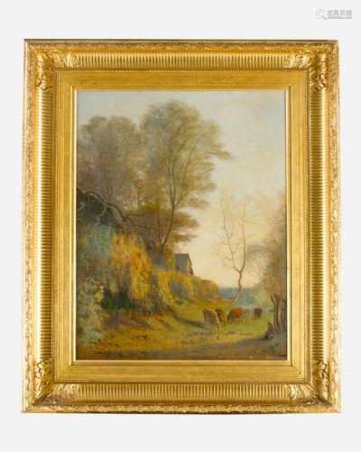 Louis Jule Badel (1840-1869), house in landscape, oil on canvas, signed bottom left, framed.71 x