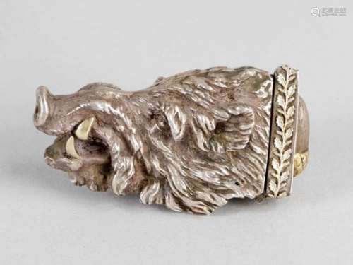 Snuff box in form of a wild boar head on the reverse lit with hazelnut symbol silver 90gramm 19th