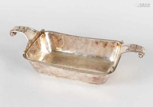 Russian silver bowl rectangular shape with rounded corners two signed grips ending in volutes with