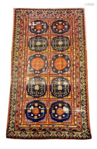 Oriental carpet with ten field decoration bands and rich ornaments in blue red yellow brown and