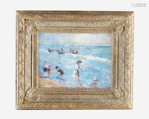 Unknown Artist children playeing by the sea oil on canvas described bottom left J.sorole?
