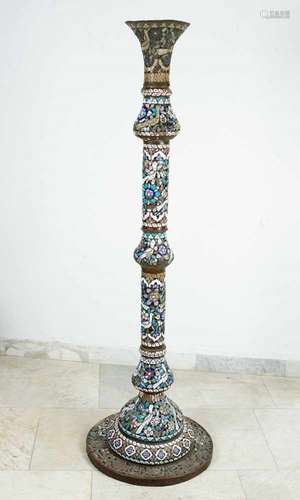 Islamic Torchere on round base with central thicker, thinner volume long neck and out bowed upper