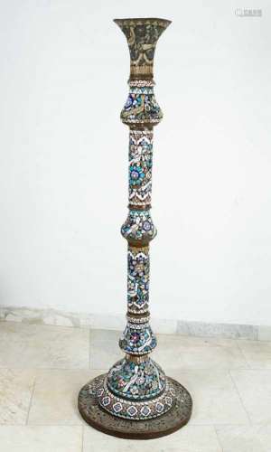 Islamic Torchere on round base with central thicker, thinner volume long neck and out bowed upper
