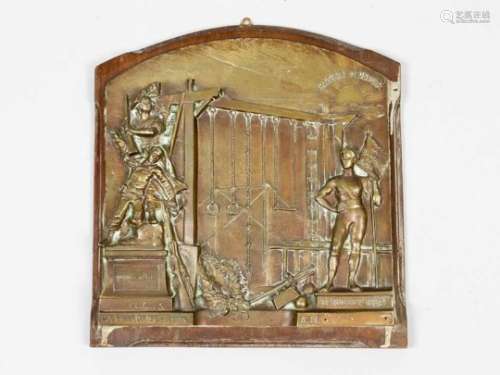 Memoration plaque of la Francaise de Lyon bronze bronze cast on wooden panel dated 1884 signed