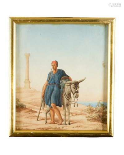 Greek School 19 Century. Farmer with donkey, in front of monument by the sea. Watercolour on
