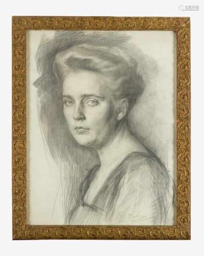 Unknown Artist 20th Century. Portrait of a lady, black chalk on paper, described on the bottom,