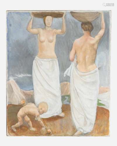 Symbolist early 20th Century. Two woman with a child in landscape. Tempera on canvas, on the reverse