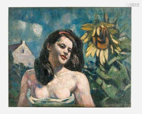 Austrian school around 1920. Girl with sunflowers,oil on canvas.81x100cm