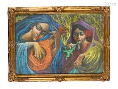 Artist 20th Century. Two woman making music. Pastel on paper, laid down on board, signed upper