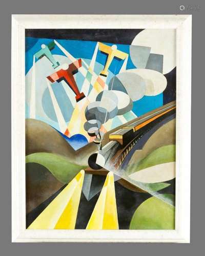 Futurist first half 20th Century. Airplanes and train in landscape. Oil with black chalk on board,