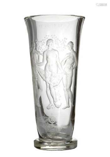 Art Déco Glass Vase. Cylindrical shape, transparent with sliced figures, symbolising fertility and a