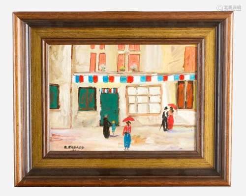 Russian Artist 20th Century. Street scene, oil on board, framed. On the reverse old Swiss exhibition