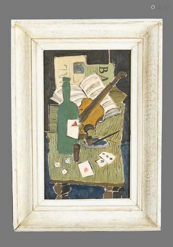 French artist first half 20th century. Still life with newspapers, violin and game cards on the