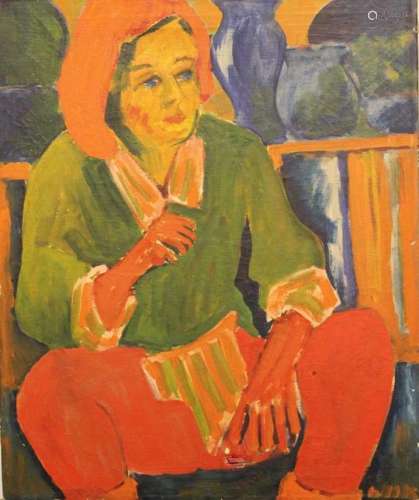 German expressionist. Sitting lady with red cape. Oil on canvas, probably signed bottom right. On