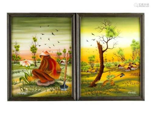 J.Greguric, 1977. Two reverse glass paintings of Yugoslavian farmers, framed.40x30cm