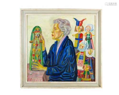 Maria Ewa Lunkiewicz- Rogoyska (1895-1967) – attributed. Lady with dolls, oil on canvas, framed,