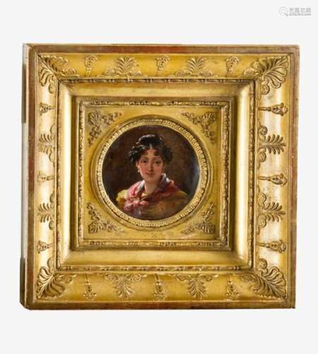 French miniaturist early 19th Century. Portrait of a lady, oil on board in gilded frame.Diameter 8.
