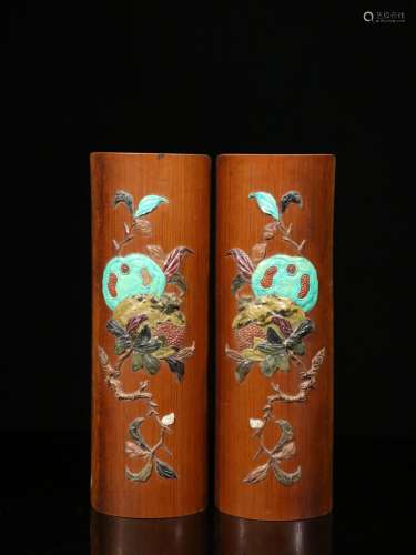 PAIR OF BAMBOO ARM REST WITH AMBER AND CALAITE