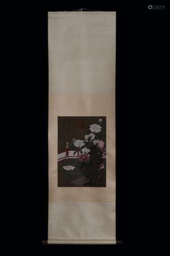 SILK SCROLL FLOWER PAINTING BY 'WANG RUOSHUI'