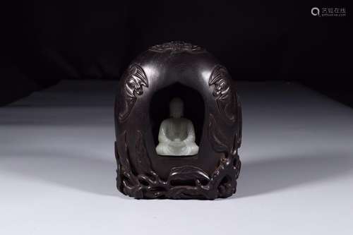 ZITAN WOOD HETIAN JADE BUDDHA NICHE