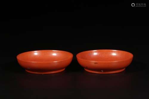 YONGZHENG MARK CORAL-RED GLAZE PLATE IN PAIR